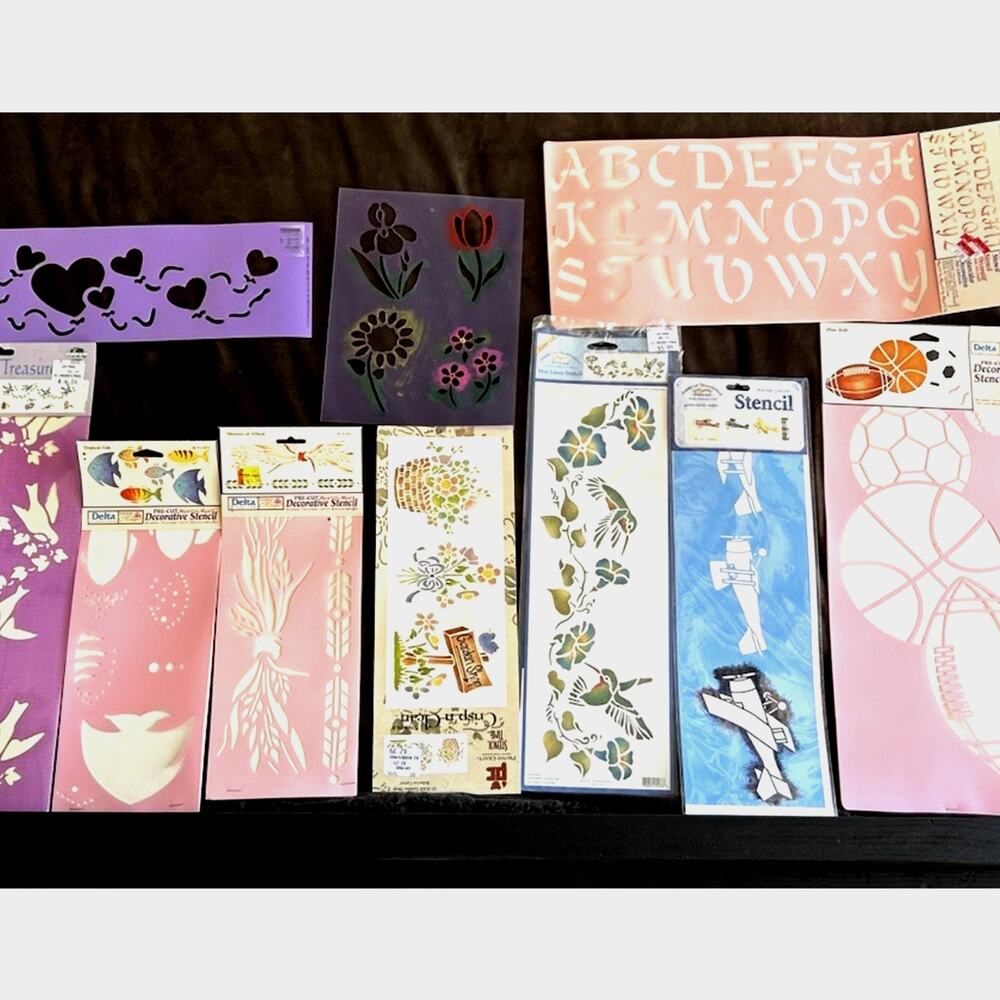 lot 10 STENCILS Variety Birds Fish Sorts Airplanes Letters Hearts New & Used